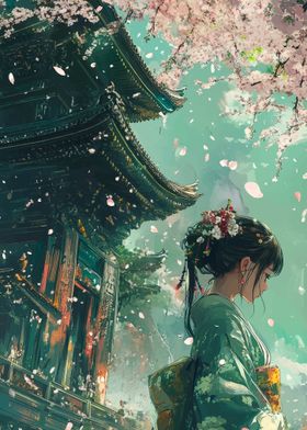 Japanese Woman in Cherry Blossoms