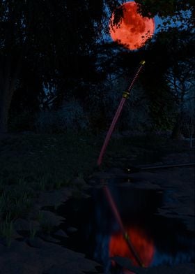 Samurai Sword Under Blood Moon