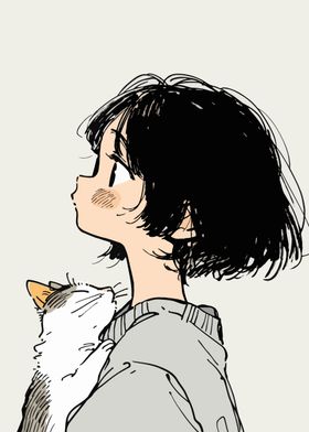 Girl and Cat Looking Up