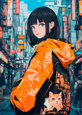 Anime Girl with Cat in City