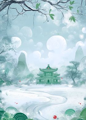 Chinese Temple Winter Landscape