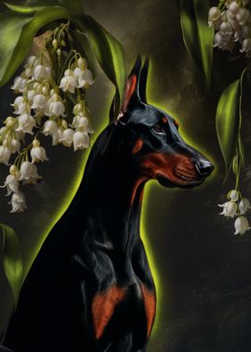 Doberman with Lily of the Valley