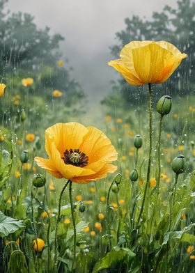 Two Yellow Poppies in the Rain