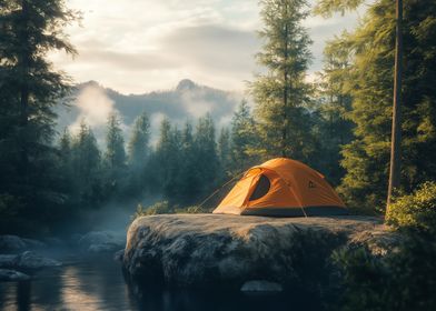 Camping Tent in Misty Forest