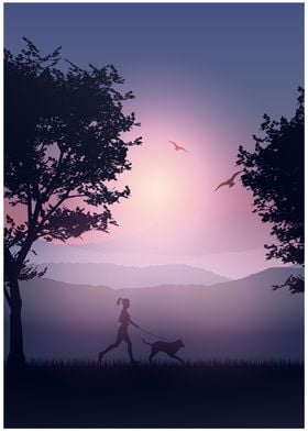 Silhouette of Woman Running with Dog