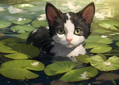 Kitten in Water Lilies