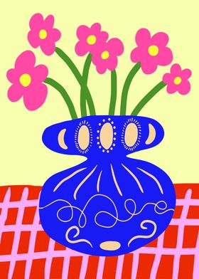 Blue Vase with Pink Flowers