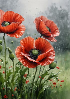 Red Poppies in the Rain