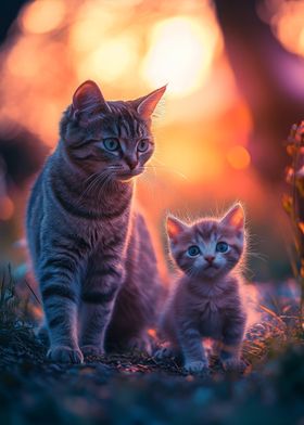 Mother Cat and Kitten at Sunset