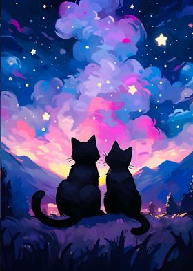 Cats Under Starry Sky