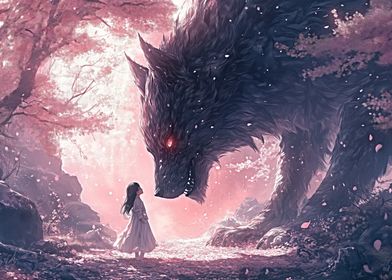 Girl and Wolf in Cherry Blossom Forest