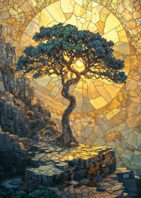 Stone Mosaic Golden Tree