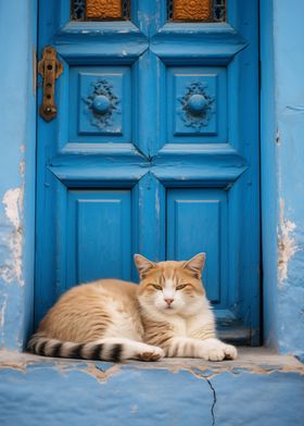 Cat by Blue Door in Morocco