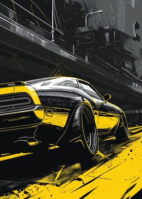 Black and Yellow Muscle Car