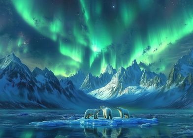 Polar Bears Under Aurora Borealis