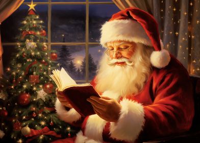 Santa Claus Reading by the Christmas Tree