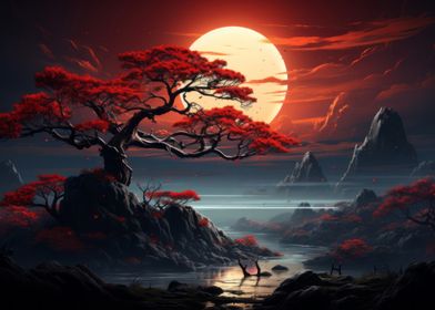 Red Tree Sunset Landscape