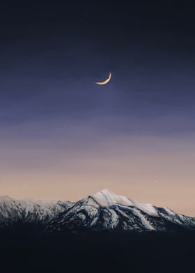 Crescent Moon Over Mountains