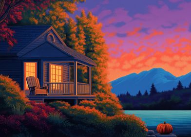 Cabin by the Lake at Sunset