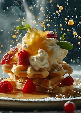 Waffles with Whipped Cream and Syrup