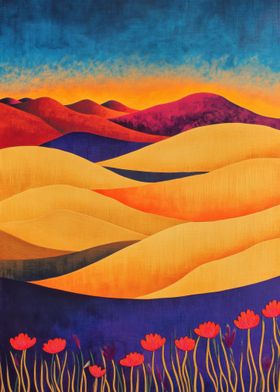 Sunset Hillscape ,Tranquil Desert Rolling Dunes Of Golden Sand