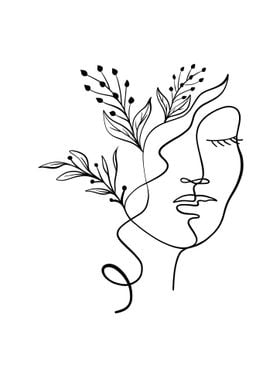 Line Art Woman with Flowers