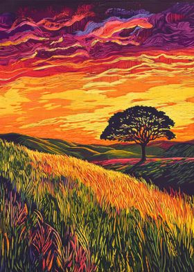 Sunset Landscape with Tree, Rolling Green Hills, Vibrant Purple Sky