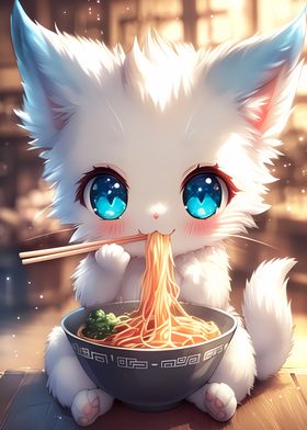 Cute Cat Eating Noodles