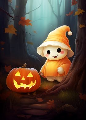 Cute Halloween Ghost with Pumpkins