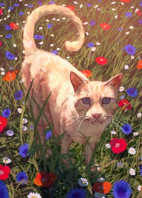 Cat in a Field of Flowers