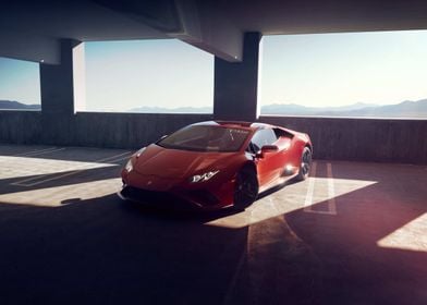 Red Lamborghini in Parking Garage