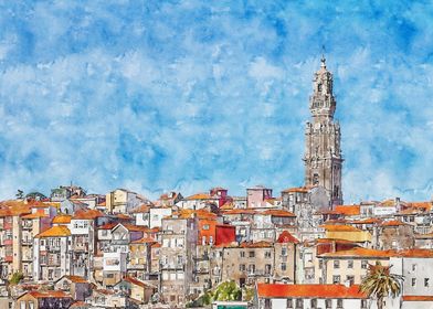 Porto aka Oporto, Portugal. Watercolor of the iconic Torre dos Clerigos Tower, standing above from the city terracotta rooftops. One of the landmarks and symbols of the city. 18th century baroque architecture. Roman Catholic Church religious church. 