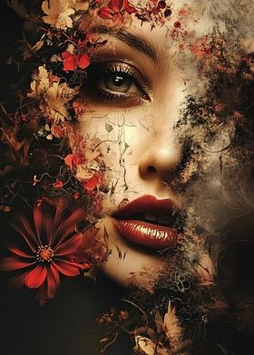 A close-up of a woman's face, partially hidden by vibrant red and gold flowers, with textured dark background, creating depth and mysterious atmosphere.