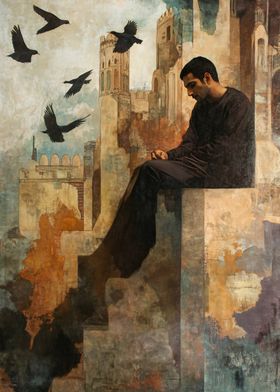 Man in Ruins with Birds