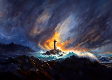 Lighthouse in Stormy Sea