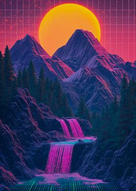 Retro Sunset Waterfall