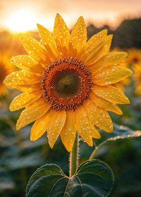 Dewy Sunflower at Sunset