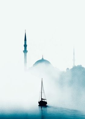 Sailboat in Foggy Cityscape