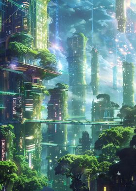 Futuristic Cityscape with Trees