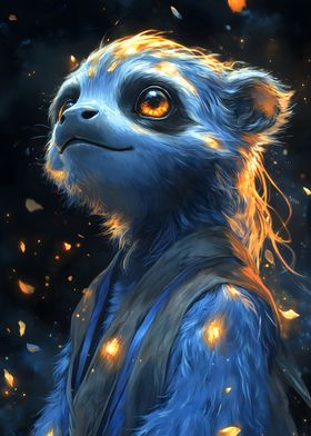 Blue Furry Sloth Creature with Fire