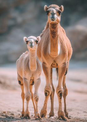 Camel and Calf in Desert