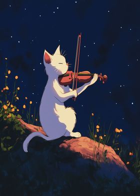 Cat Playing Violin Under Stars