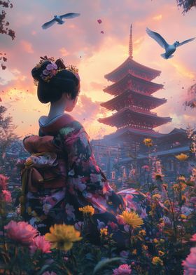 Geisha at Sunset Temple