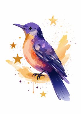 Watercolor Bird with Stars