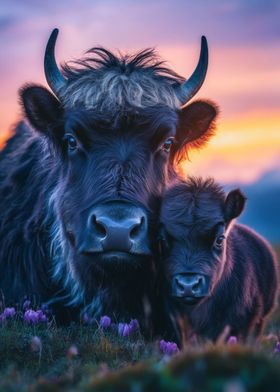 Cow and Calf at Sunset