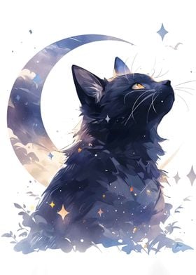 Black Cat Under Crescent Moon