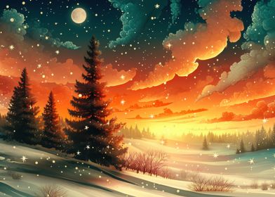 Snowy Forest Sunset