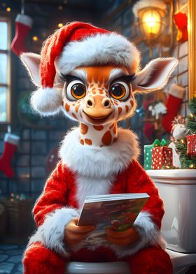 Giraffe Santa Reading Christmas