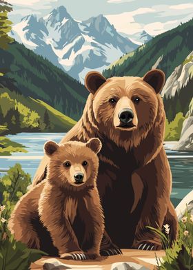 Bear Family in Mountain Landscape