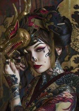 Japanese Geisha with Dragon Mask